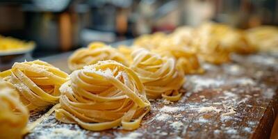 ai gegenereerd klassiek pasta Aan keuken achtergrond. eetpatroon en voedsel concept. foto