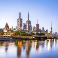 ai gegenereerd panorama visie van Melbourne stad horizon Bij schemering in Australië foto