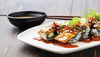 ai gegenereerd gebakken makreel met garnaal Plakken saus sushi - fusie voedsel foto