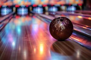 ai gegenereerd detailopname van bowling bal Aan glimmend rijbaan foto