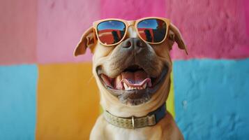 ai gegenereerd koel hond met zonnebril Aan kleurrijk muur achtergrond. ruimte voor tekst foto