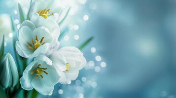 ai gegenereerd dichtbij omhoog van voorjaar bloemen Aan blured licht blauw achtergrond, voorjaar achtergrond voor banier of kaart foto