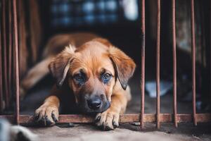 ai gegenereerd verdwaald dakloos hond in dier onderdak kooi. verdrietig verlaten hongerig hond achter oud roestig rooster van de kooi in onderdak voor dakloos dieren. hond adoptie, redden, helpen voor huisdieren foto