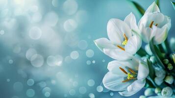 ai gegenereerd dichtbij omhoog van voorjaar bloemen Aan blured licht blauw achtergrond, voorjaar achtergrond voor banier of kaart foto