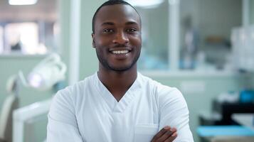 ai gegenereerd portret van een grijnzend knap zelfverzekerd Afrikaanse mannetje dokter in een tandheelkundig kliniek kantoor, ruimte voor tekst. foto