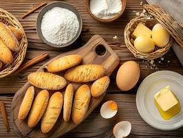 ai gegenereerd prima droog biscuits met eieren, meel, en boter in de omgeving van Aan een houten tafel. hoog kwaliteit. ai generatief foto