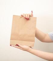 hand- Holding een boodschappen doen papier zak tegen een wit geïsoleerd achtergrond foto