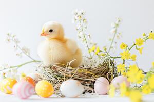 ai gegenereerd baby kuiken met eieren en bloemen foto