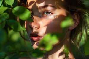 ai gegenereerd sereen jong vrouw peering door zonovergoten bladeren gedurende een vredig middag foto