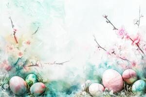 ai gegenereerd kleurrijk Pasen eieren genesteld tussen voorjaar bloesems in een pastel landschap foto