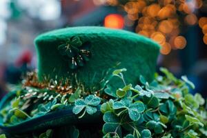 ai gegenereerd detailopname van een feestelijk groen st. patricks dag hoed versierd met klavers buitenshuis foto