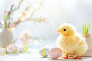 ai gegenereerd baby kuiken met eieren en bloemen foto