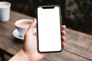 ai gegenereerd hand- Holding een smartphone met blanco scherm Aan cafe tafel achtergrond met koffie beker, voor mockup foto