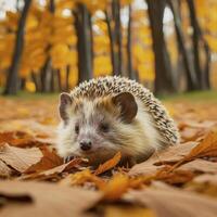 ai gegenereerd een schattig egel zit in herfst bladeren tegen de backdrop van een mooi herfst landschap foto