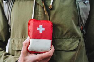 een eerste steun uitrusting zak voor toeristen, een rood eerste steun uitrusting, een klein toerist kunstmatig zak met geneesmiddelen, eerste steun Aan een wandeltocht. foto