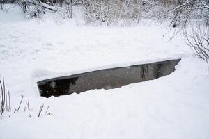 polynya Aan de rivier. Doorzichtig en niet bevroren water in de rivier. de water is zo Doorzichtig dat u kan zien de onderkant. winter wandelingen door de oever van de rivier foto