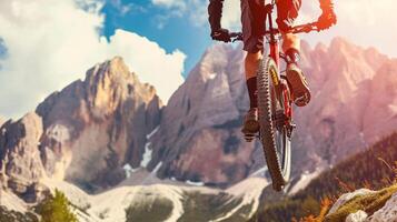 ai gegenereerd een berg fietser stijgend door de lucht tegen een adembenemend bergachtig backdrop foto