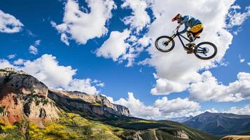 ai gegenereerd een berg fietser stijgend door de lucht tegen een adembenemend bergachtig backdrop foto