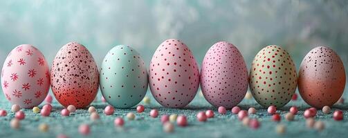 ai gegenereerd kleurrijk Pasen eieren Aan een turkoois achtergrond, in de stijl van licht zwart en blauwgroen, pastelkleurig . generatief ai foto