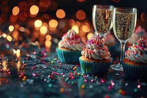 ai gegenereerd nieuw jaren vooravond partij toetje feestelijk cupcakes met hagelslag en Champagne. foto