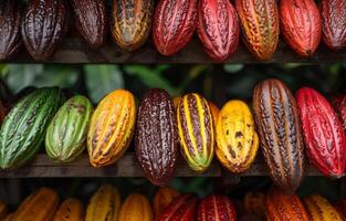 ai gegenereerd cacao fruit cacao bonen en cacao peul Aan houten tafel foto