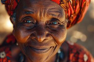 ai gegenereerd gelukkig ouderen Afrikaanse vrouw detailopname portret foto