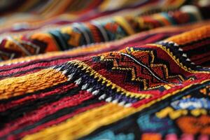 ai gegenereerd kleurrijk afrikaansperuaans tapijt oppervlakte detailopname met meer motieven en textiel. foto