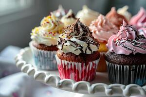 ai gegenereerd geassorteerd cupcakes Aan wit stellage. foto