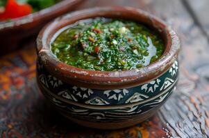 ai gegenereerd klein kom chimichurri saus elegantie foto