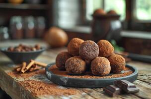 ai gegenereerd chocola truffels en kaneel Aan houten tafel foto