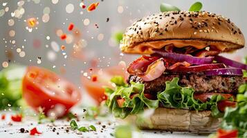 ai gegenereerd detailopname van vers smakelijk hamburger Aan donker achtergrond. generatief ai foto