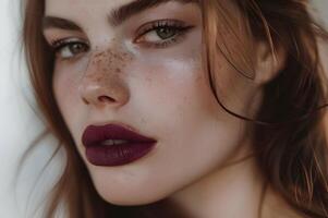 ai gegenereerd zwoel elegantie diep bordeaux lippenstift schoonheid foto