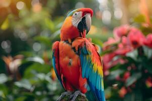 ai gegenereerd levendig veren papegaai neergestreken foto