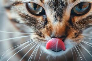 ai gegenereerd katachtig smaak genot detailopname van een kat likken lippen foto