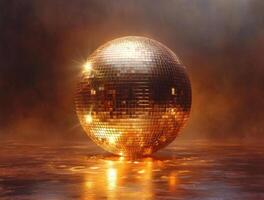 ai gegenereerd disco bal Aan reflecterend oppervlak. disco bal tegen een gouden achtergrond foto