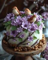 ai gegenereerd mooi taart met bloemen en vogels. bloem boter cakes foto