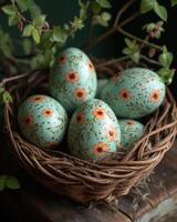 ai gegenereerd Pasen eieren in nest Aan houten tafel foto