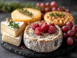 ai gegenereerd divers types van kaas met fruit druiven en noten Aan zwart steen bord. kaas bord foto