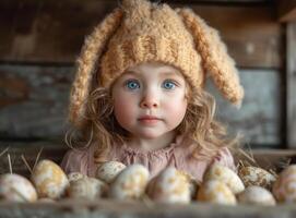 ai gegenereerd weinig meisje is op zoek Bij de camera met blauw ogen en hoed Aan haar hoofd en in voorkant van haar zijn veel Pasen eieren. foto