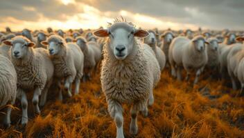 ai gegenereerd groot kudde van schapen. een groot groep van schapen is wandelen in de omgeving van een veld- foto