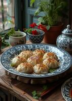 ai gegenereerd traditioneel Chinese knoedels. mantou Aan bord met eetstokjes en kruiden Aan de tafel foto