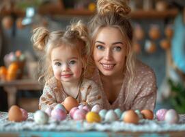 ai gegenereerd moeder en haar dochter zijn zittend Bij de tafel en op zoek Bij Pasen eieren. foto