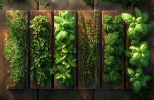 ai gegenereerd vers kruiden Aan de houten tafel foto