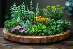 ai gegenereerd vers kruiden en specerijen Aan houten tafel foto