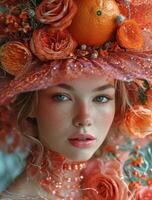 ai gegenereerd portret van mooi jong vrouw met oranje bedenken en hoed met sinaasappels foto