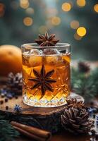 ai gegenereerd glas van whisky met anijs en kaneel Aan houten tafel. Kerstmis lichten en decoraties in de achtergrond. foto