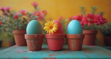 ai gegenereerd Pasen eieren in bloem potten Aan houten tafel foto