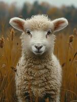 ai gegenereerd schapen looks Bij de camera in veld. schattig weinig lam foto