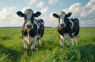 ai gegenereerd twee koeien staand in groen weiland en op zoek Bij de camera foto