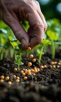 ai gegenereerd boer hand- aanplant soja zaad in de groente tuin foto